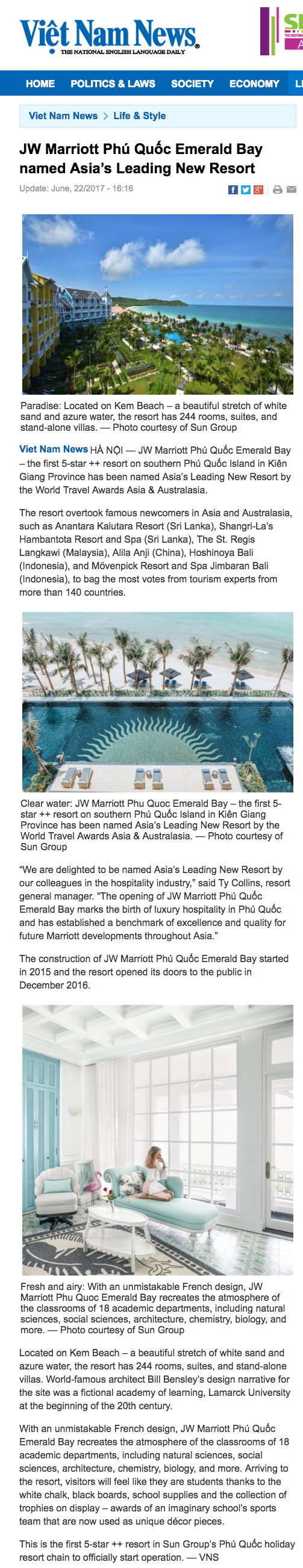 JW Marriott Phú Quốc Emerald Bay named Asia’s Leading New Resort