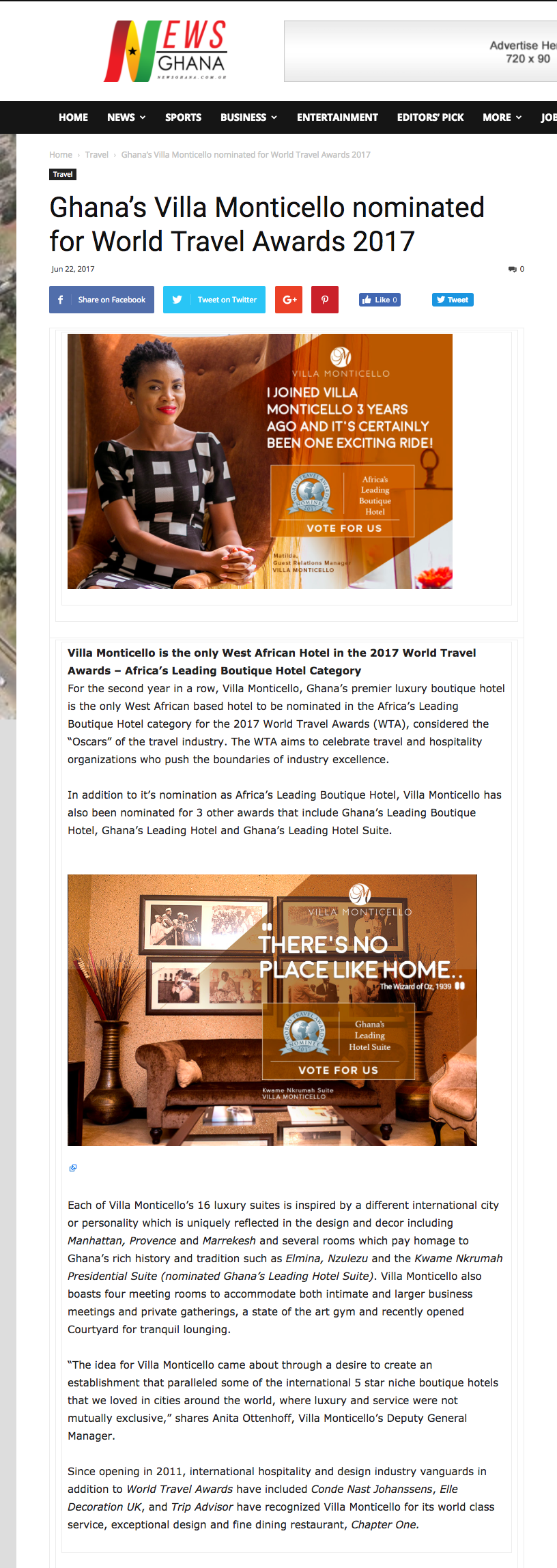 Ghana’s Villa Monticello nominated for World Travel Awards 2017