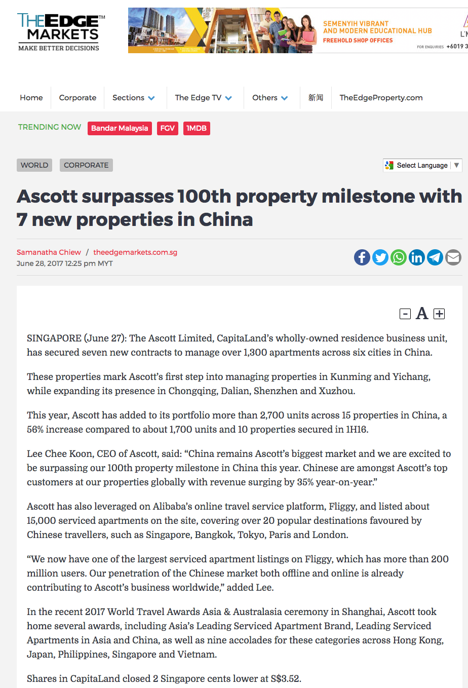 Ascott surpasses 100th property milestone with 7 new properties in China