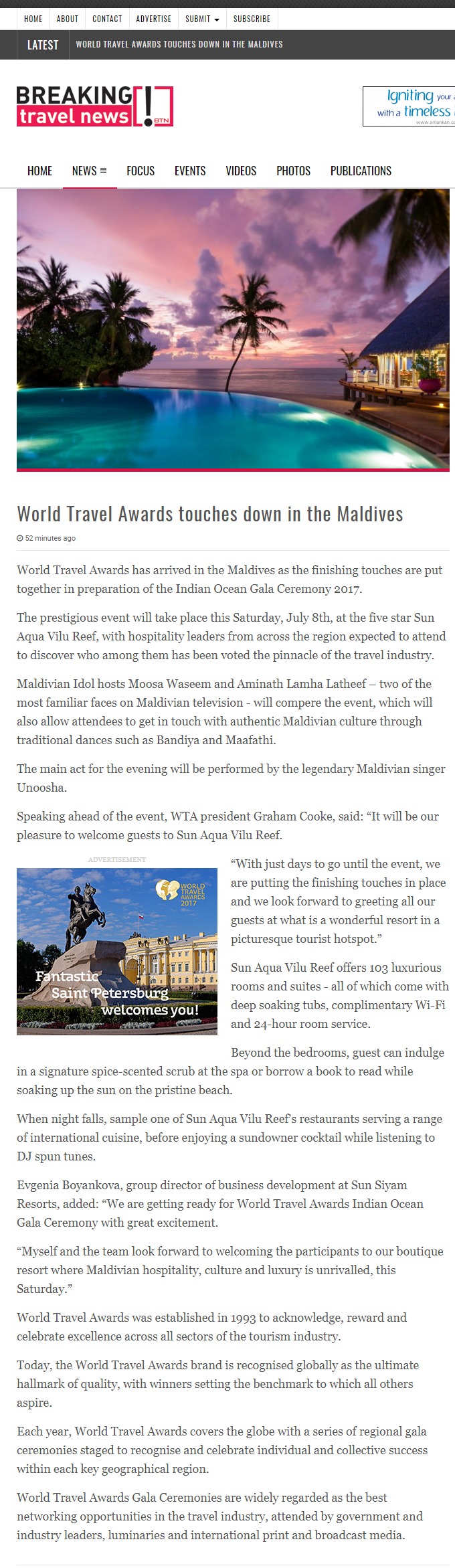 World Travel Awards touches down in the Maldives