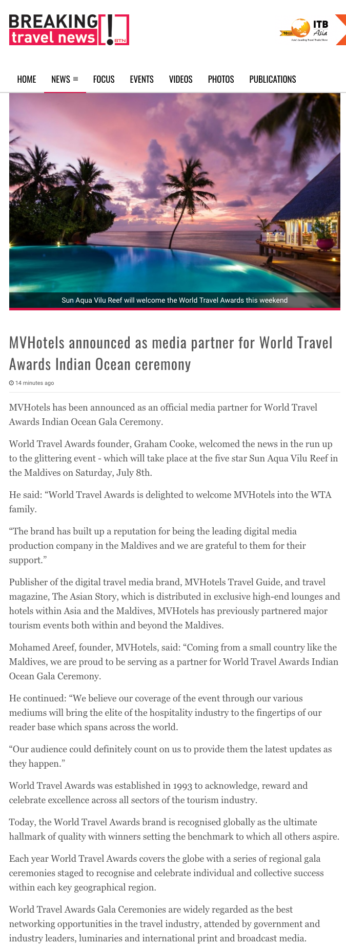 MVHotels announced as media partner for World Travel Awards Indian Ocean ceremony