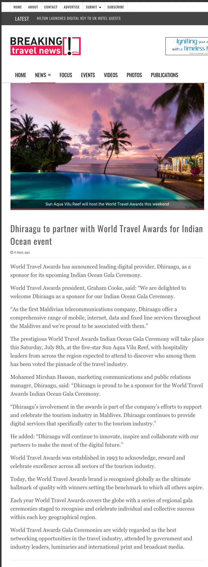 Dhiraagu to partner with World Travel Awards for Indian Ocean event