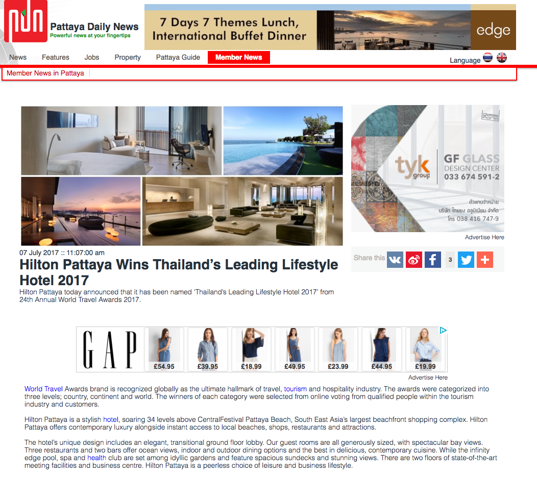 Hilton Pattaya Wins Thailand’s Leading Lifestyle Hotel 2017