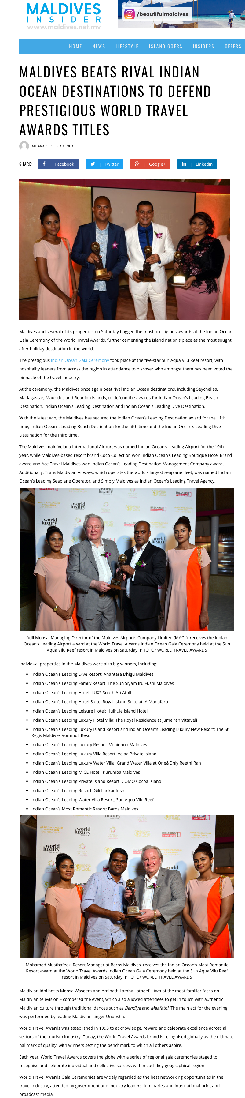 Maldives beats rival Indian Ocean destinations to defend prestigious World Travel Awards titles