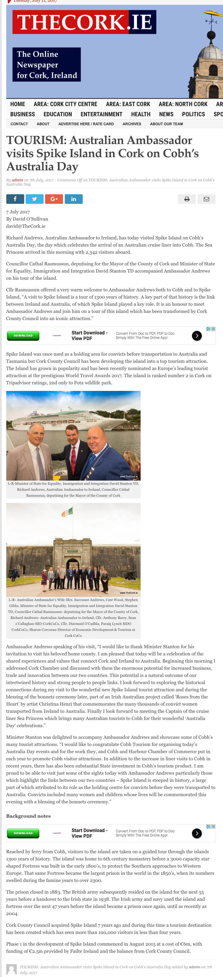 TOURISM: Australian Ambassador visits Spike Island in Cork on Cobh’s Australia Day