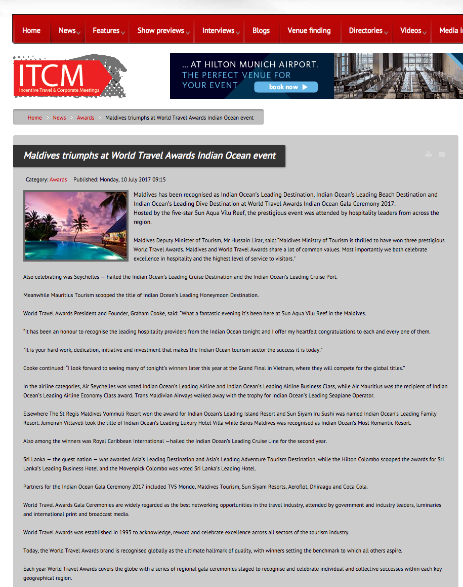 Maldives triumphs at World Travel Awards Indian Ocean event