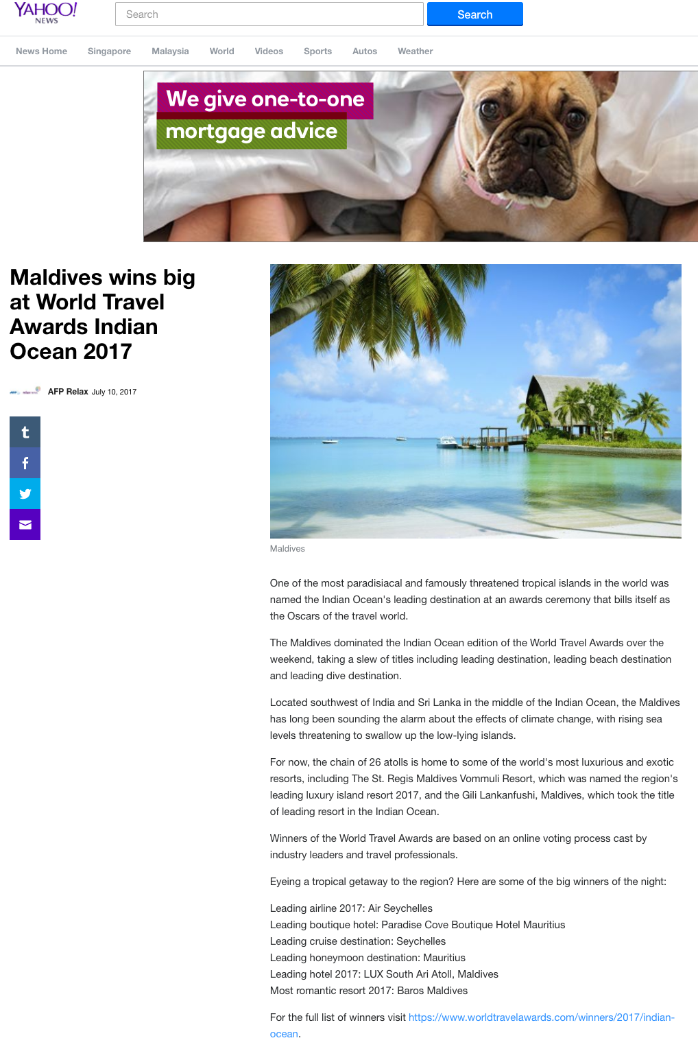 Maldives wins big at World Travel Awards Indian Ocean 2017
