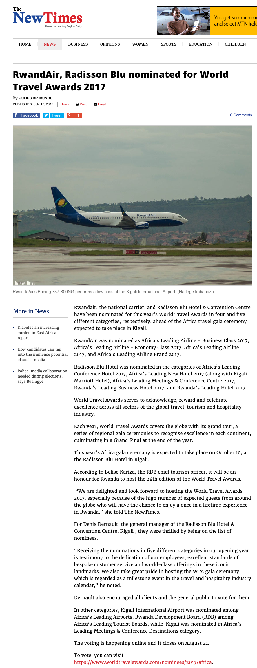 RwandAir, Radisson Blu nominated for World Travel Awards 2017