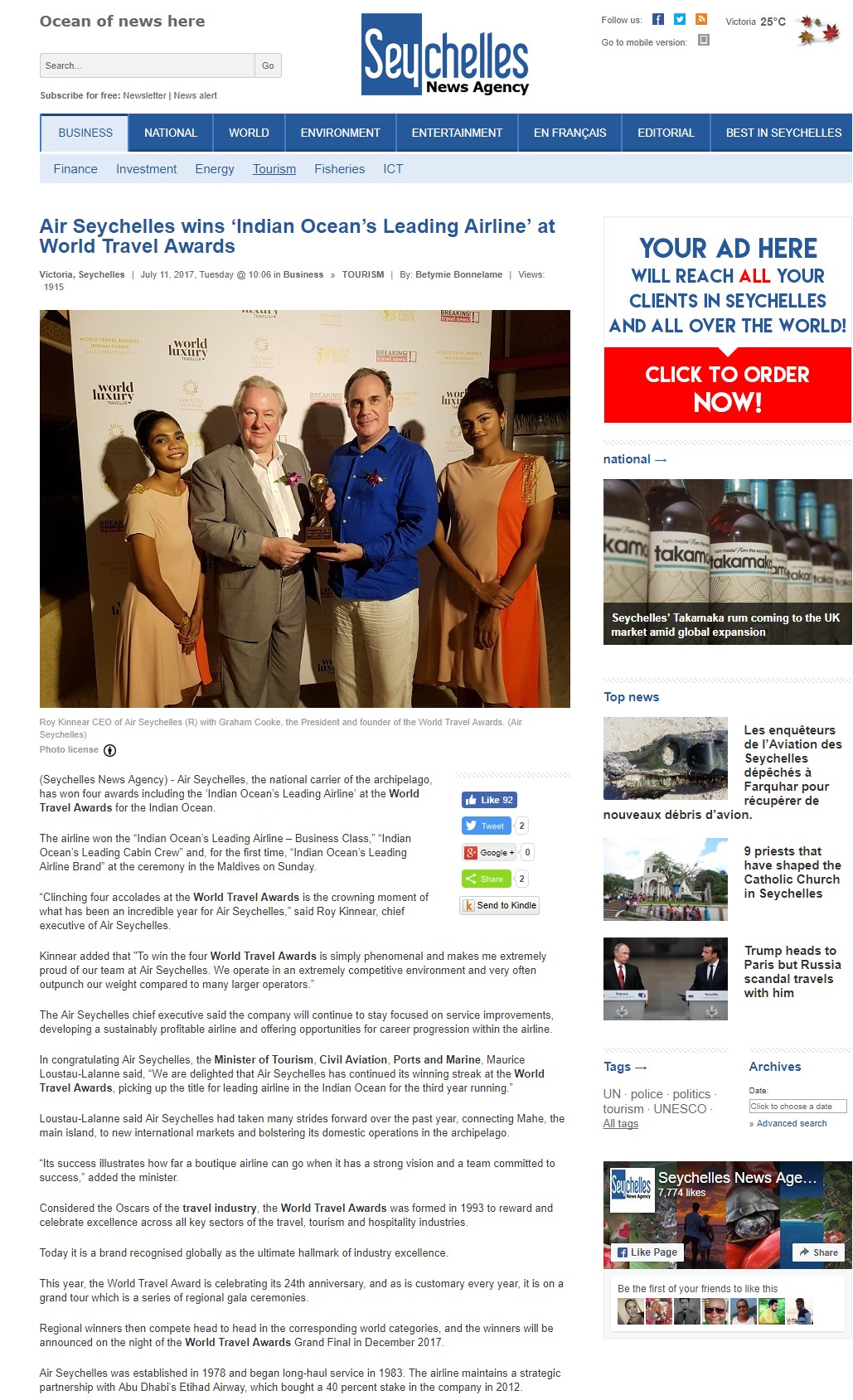 Air Seychelles wins ‘Indian Ocean’s Leading Airline’ at World Travel Awards