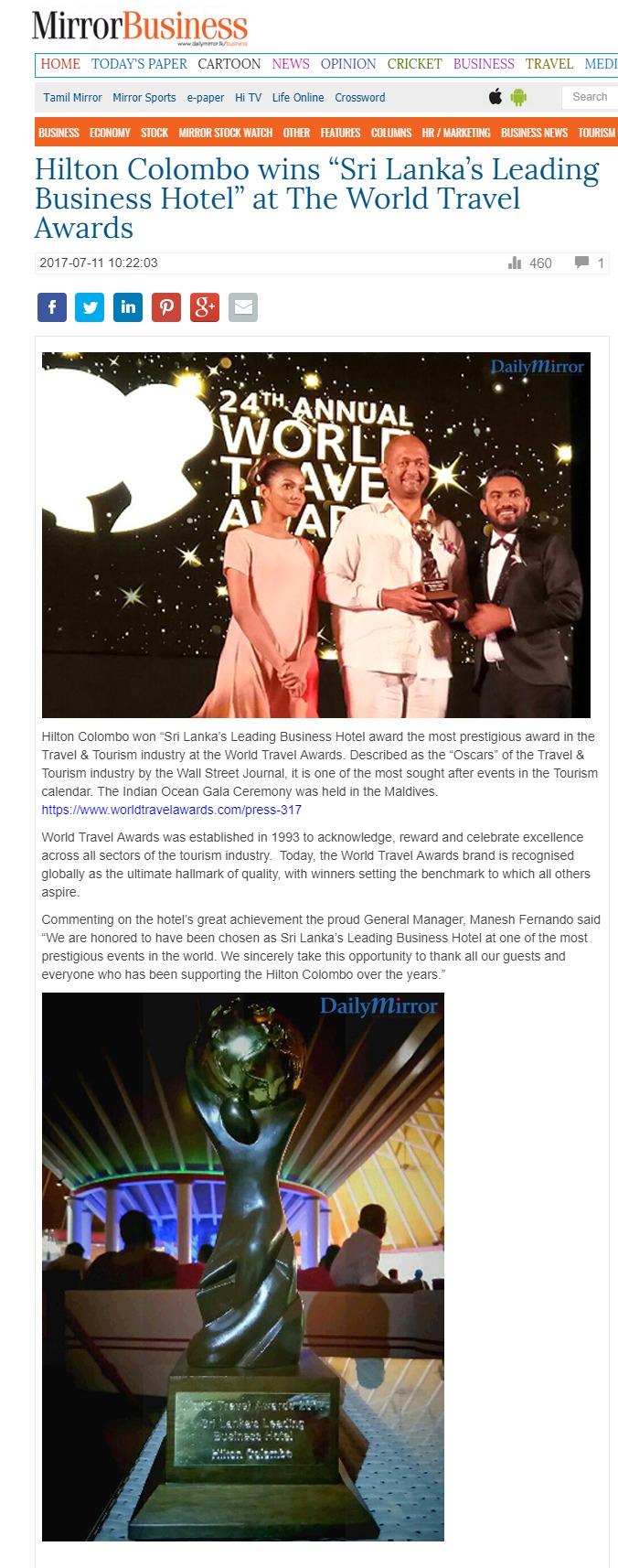 Hilton Colombo wins “Sri Lanka’s Leading Business Hotel” at The World Travel Awards