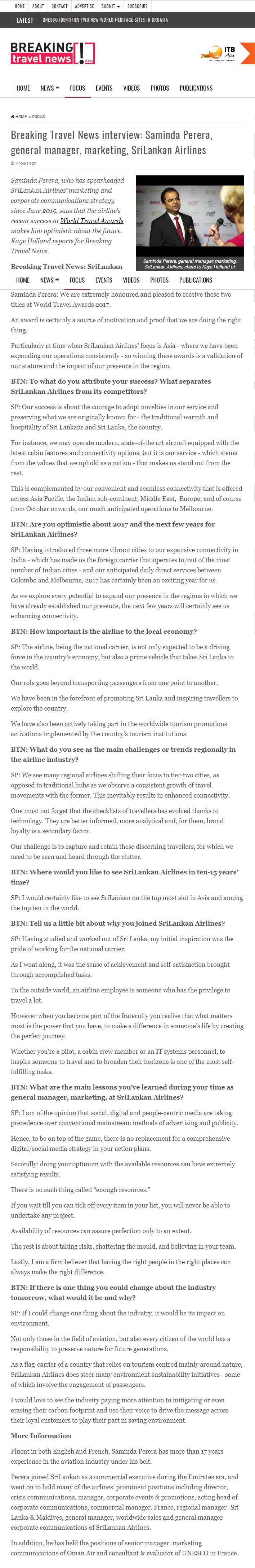 Breaking Travel News interview: Saminda Perera, general manager, marketing, SriLankan Airlines