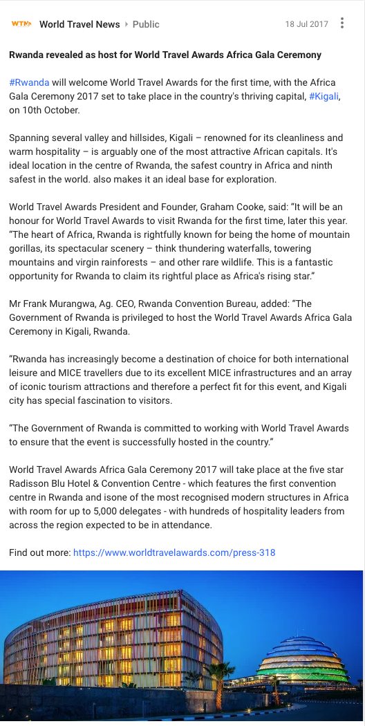 Rwanda revealed as host for World Travel Awards Africa Gala Ceremony