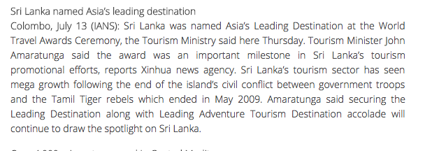 Sri Lanka named Asia’s leading destination