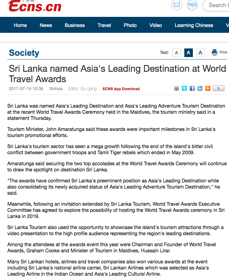 Sri Lanka named Asias Leading Destination at World Travel Awards