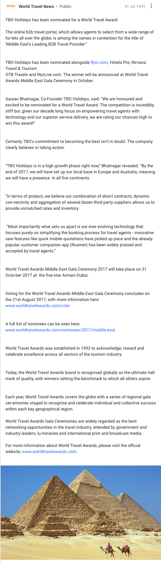 TBO Holidays nominated for a prestigious World Travel Award  