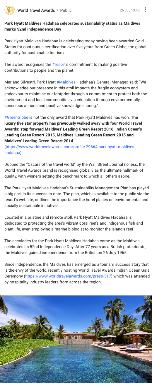 Park Hyatt Maldives Hadahaa celebrates sustainability status as Maldives marks 52nd Independence Day