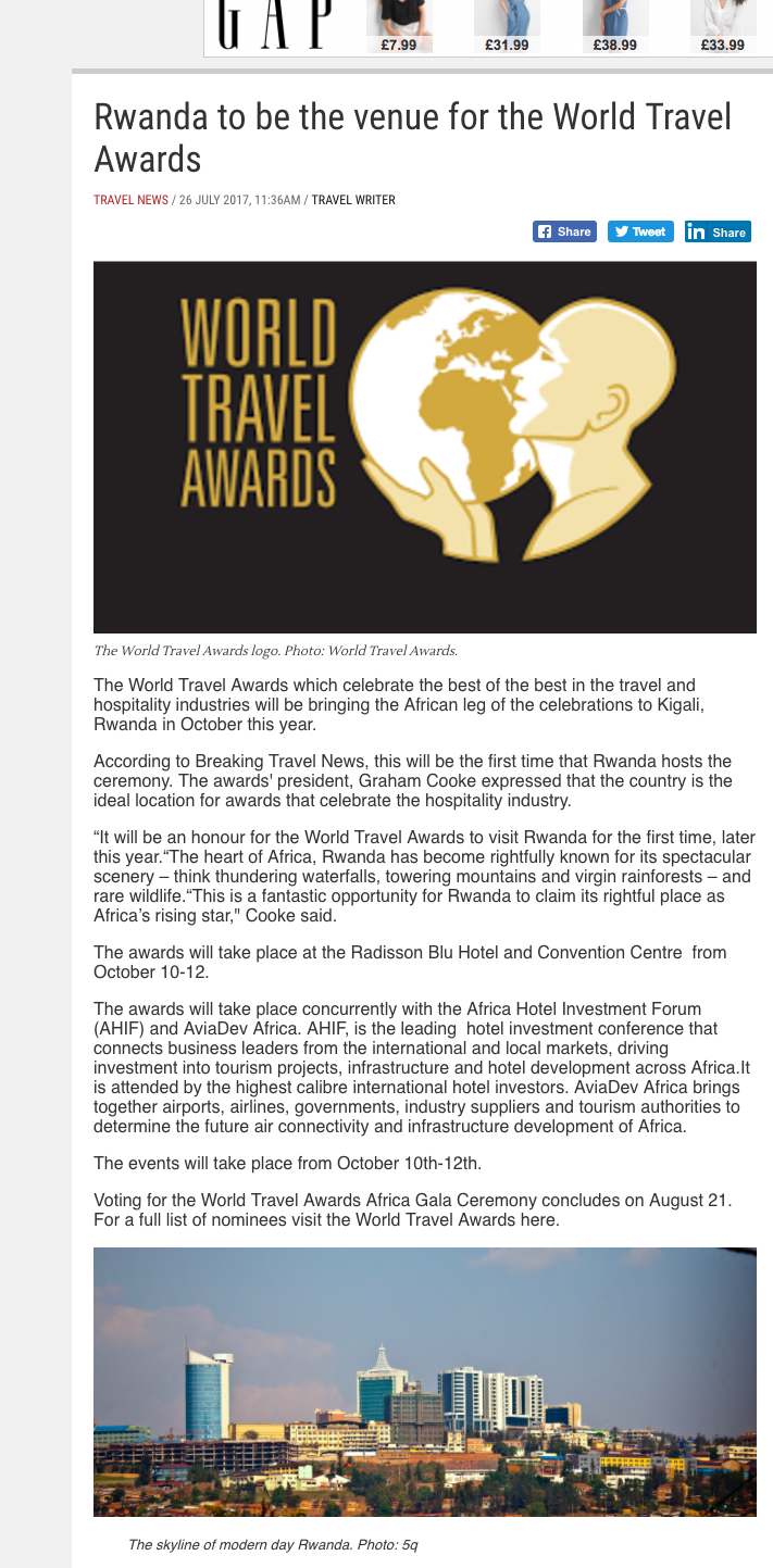 Rwanda to be the venue for the World Travel Awards