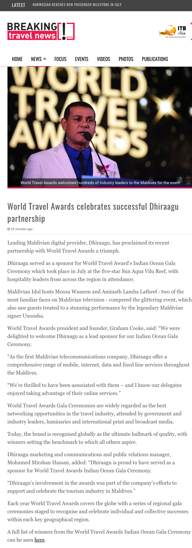 World Travel Awards celebrates successful Dhiraagu partnership
