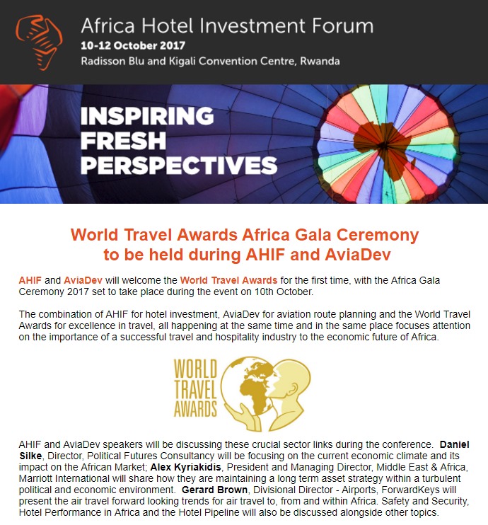 World Travel Awards Africa Gala Ceremony  to be held during AHIF and AviaDev
