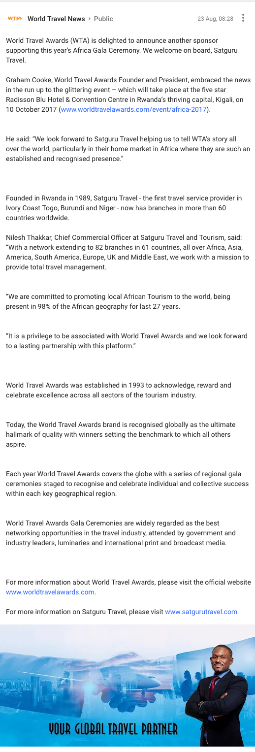 Satguru Travel confirmed as sponsor for World Travel Awards Africa Gala Ceremony 