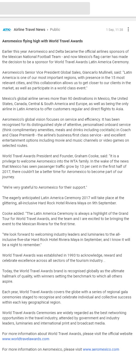 Aeromexico flying high with World Travel Awards
