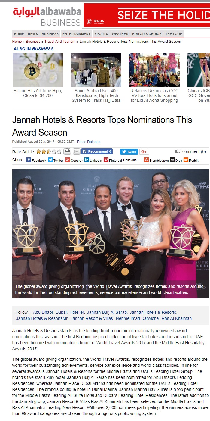 Jannah Hotels & Resorts Tops Nominations This Award Season