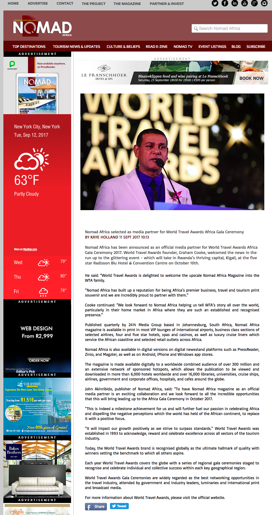 Nomad Africa selected as media partner for World Travel Awards Africa Gala Ceremony
