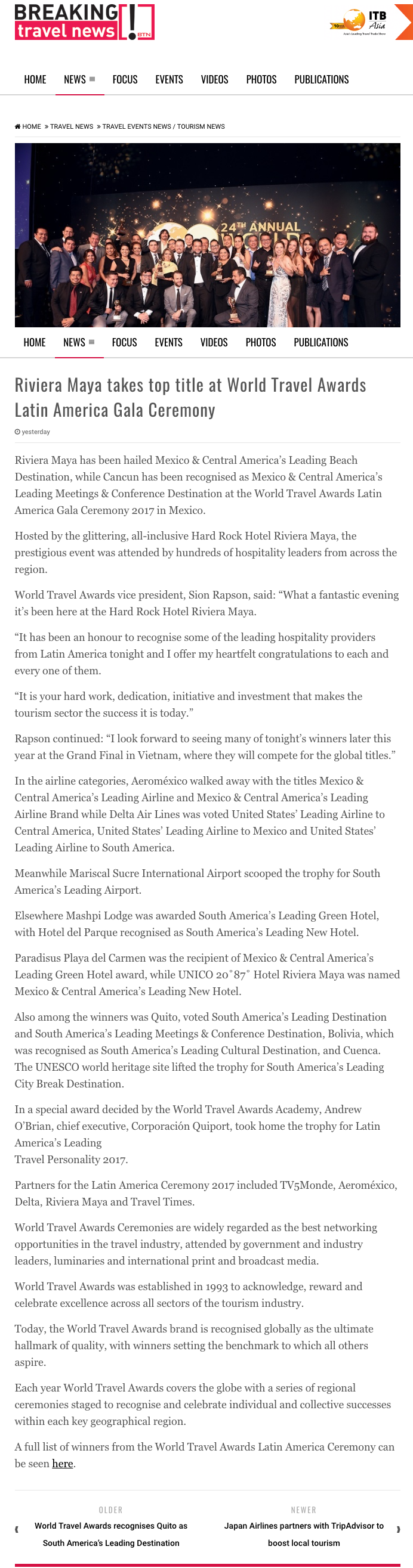 Riviera Maya takes top title at World Travel Awards Latin America Gala Ceremony