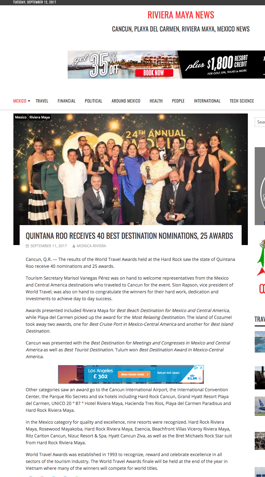 Quintana Roo receives 40 best destination nominations, 25 awards