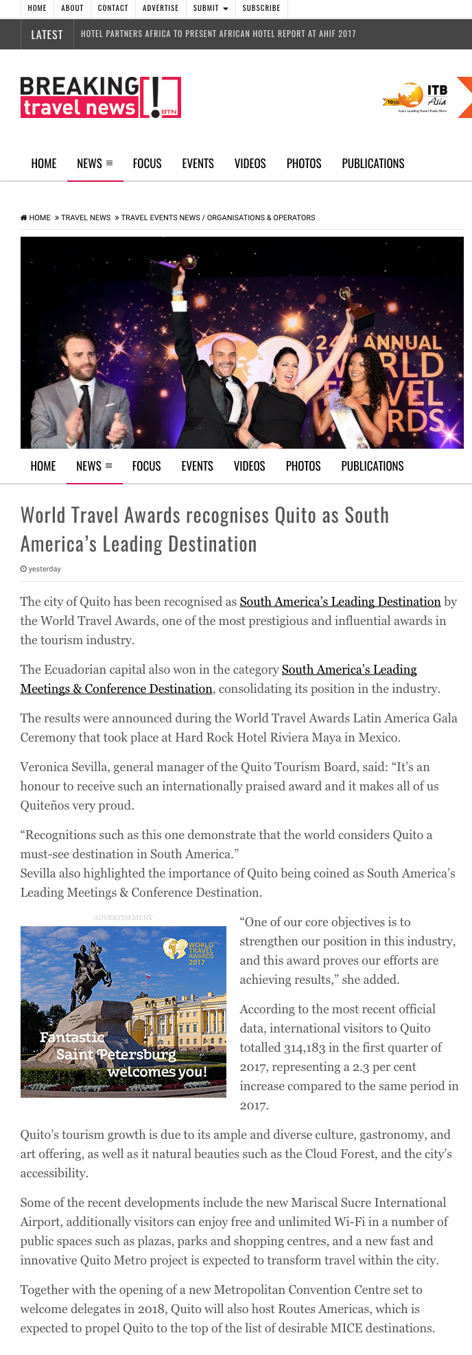 World Travel Awards recognises Quito as South America’s Leading Destination