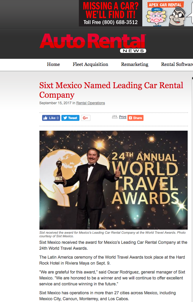 Sixt Mexico Named Leading Car Rental Company