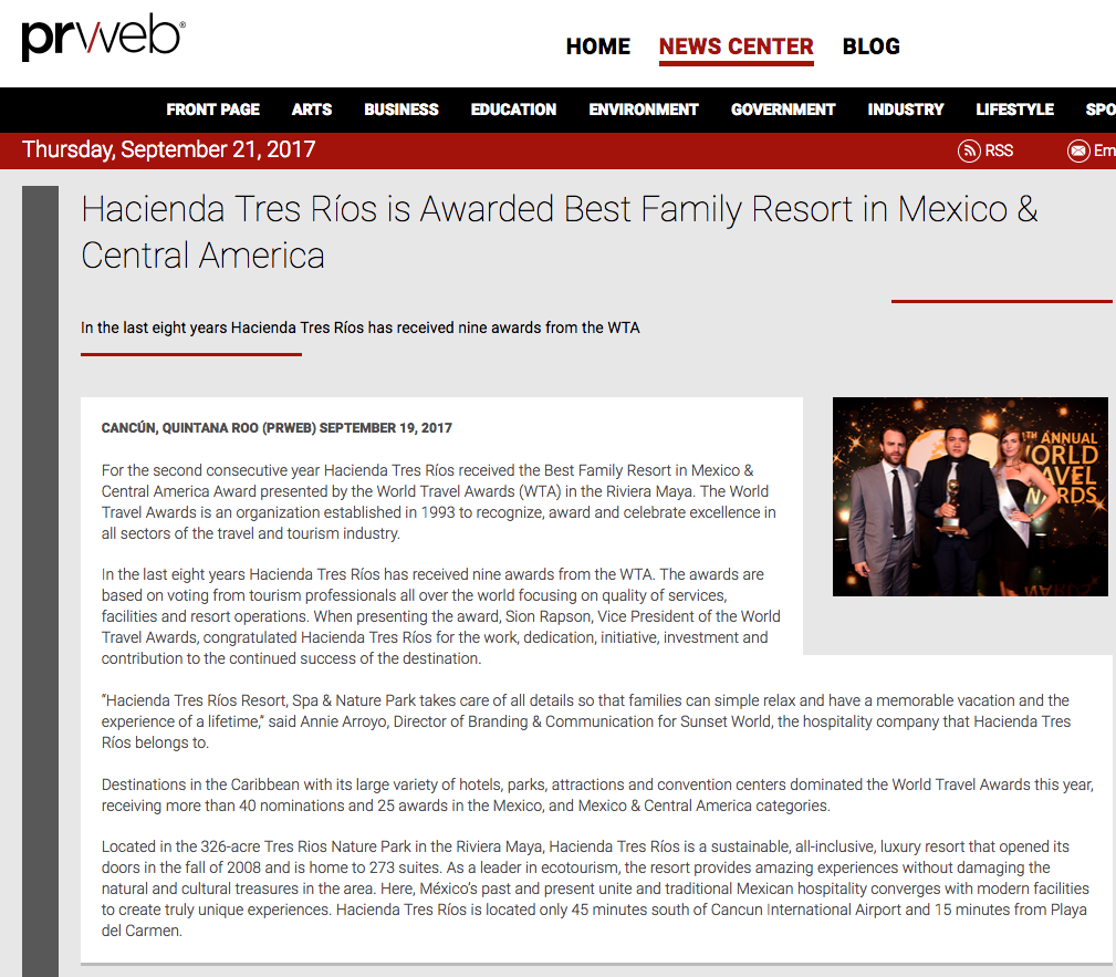 Hacienda Tres Ríos is Awarded Best Family Resort in Mexico & Central America
