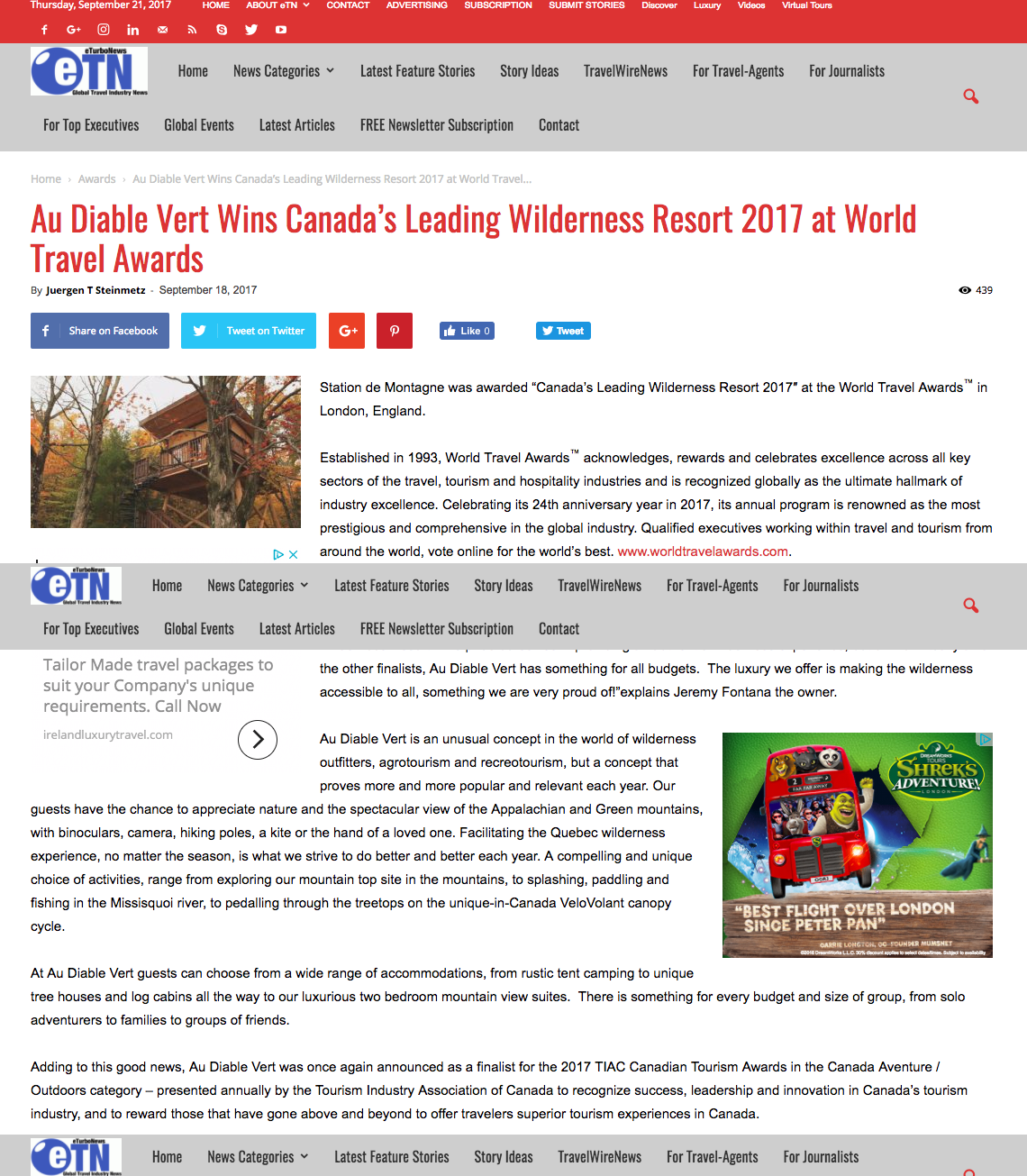 Au Diable Vert Wins Canada’s Leading Wilderness Resort 2017 at World Travel Awards