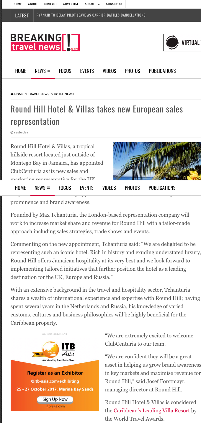 Round Hill Hotel & Villas takes new European sales representation