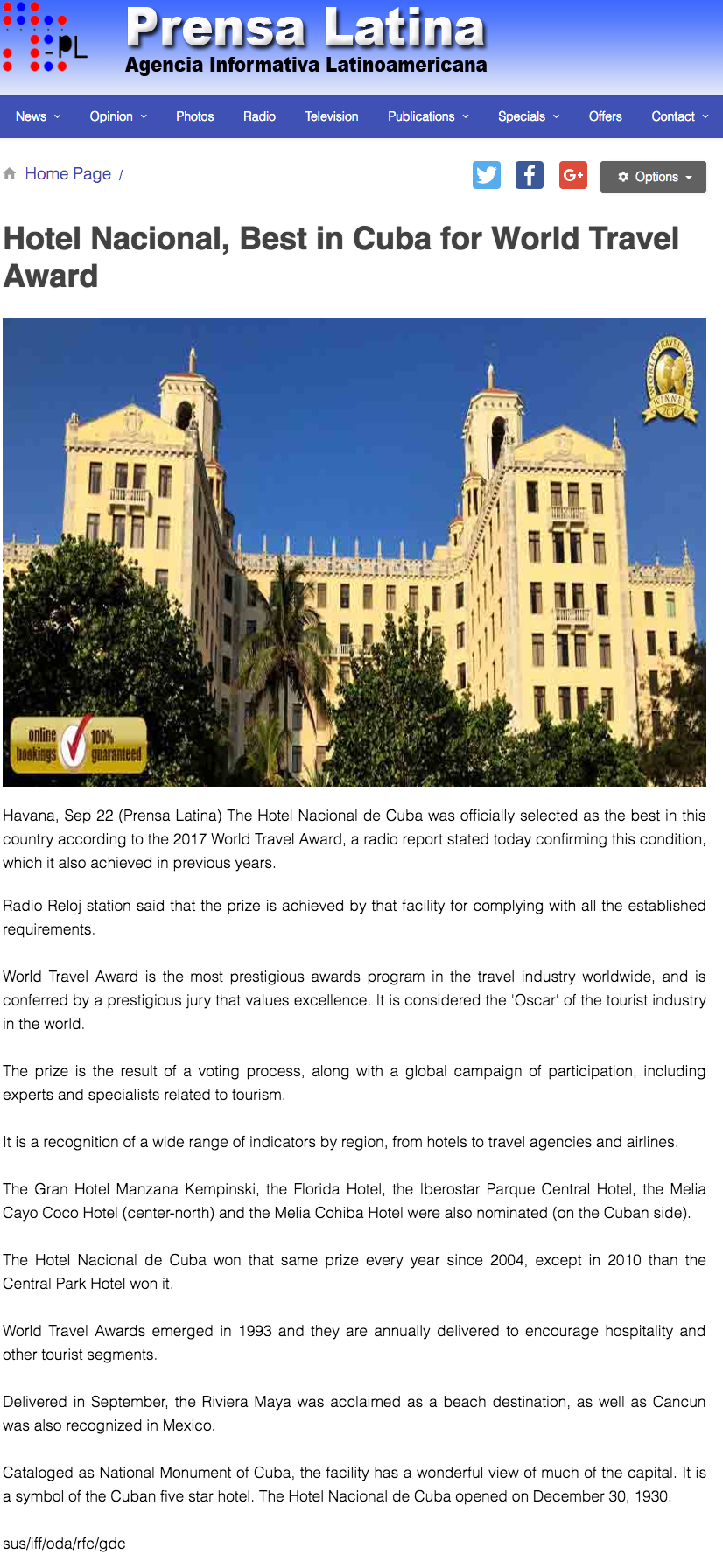Hotel Nacional, Best in Cuba for World Travel Award