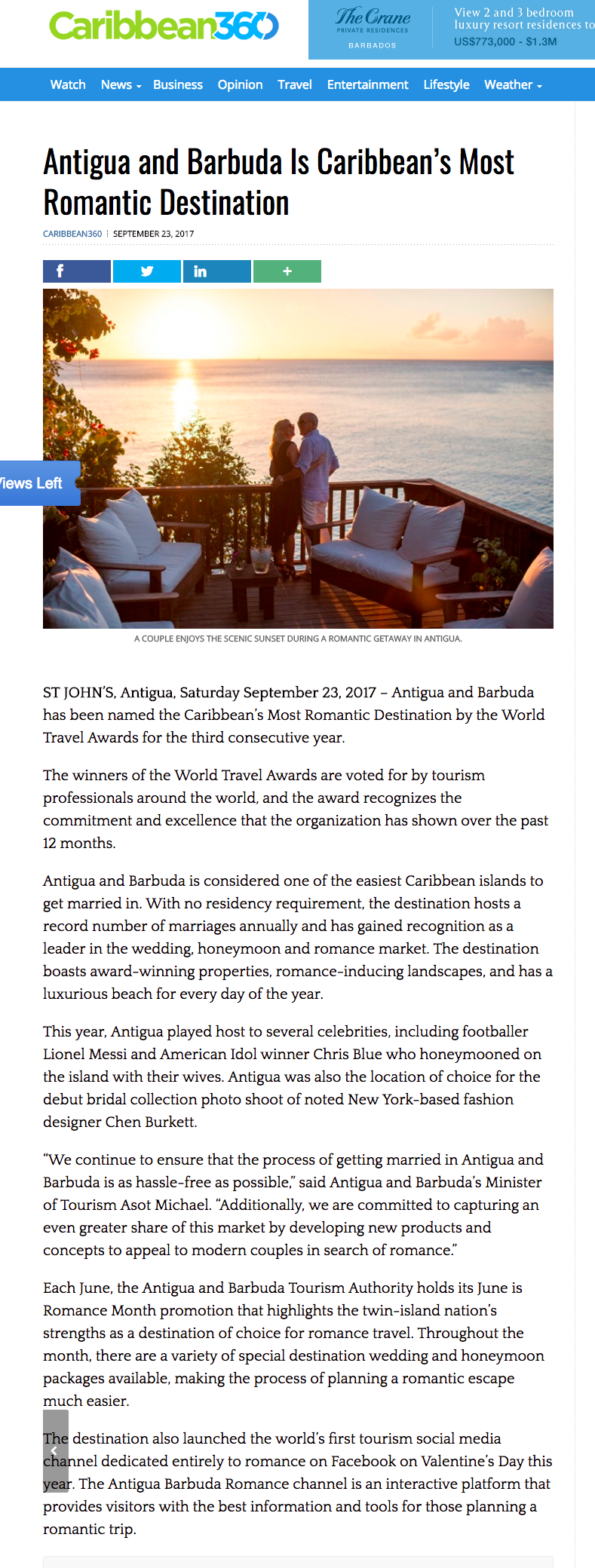 Antigua and Barbuda Is Caribbean’s Most Romantic Destination