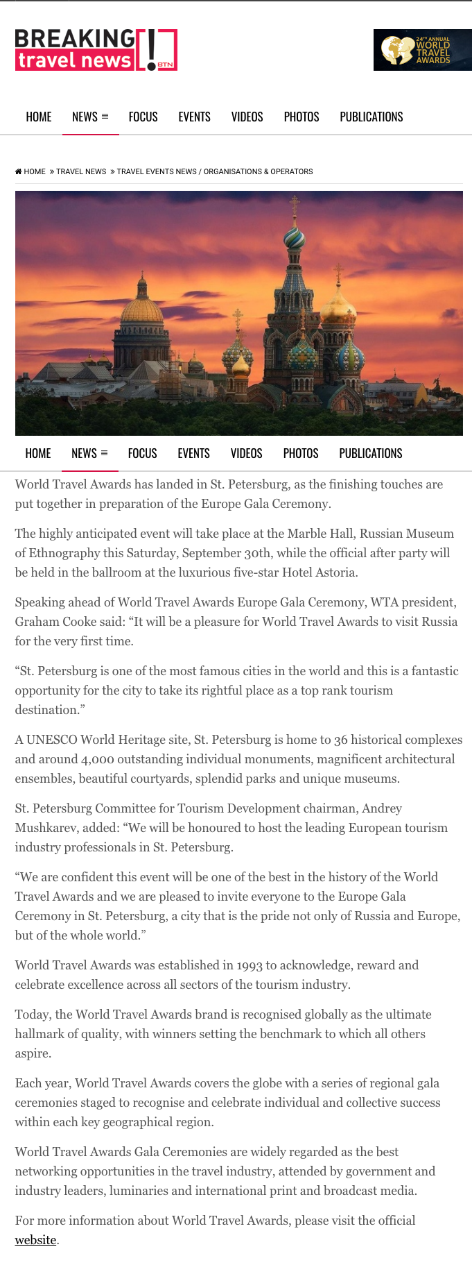 World Travel Awards touches down in St. Petersburg