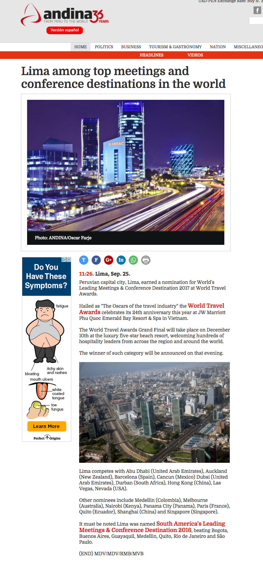 Lima among top meetings and conference destinations in the world
