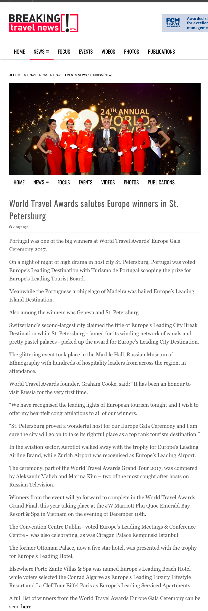 World Travel Awards salutes Europe winners in St. Petersburg