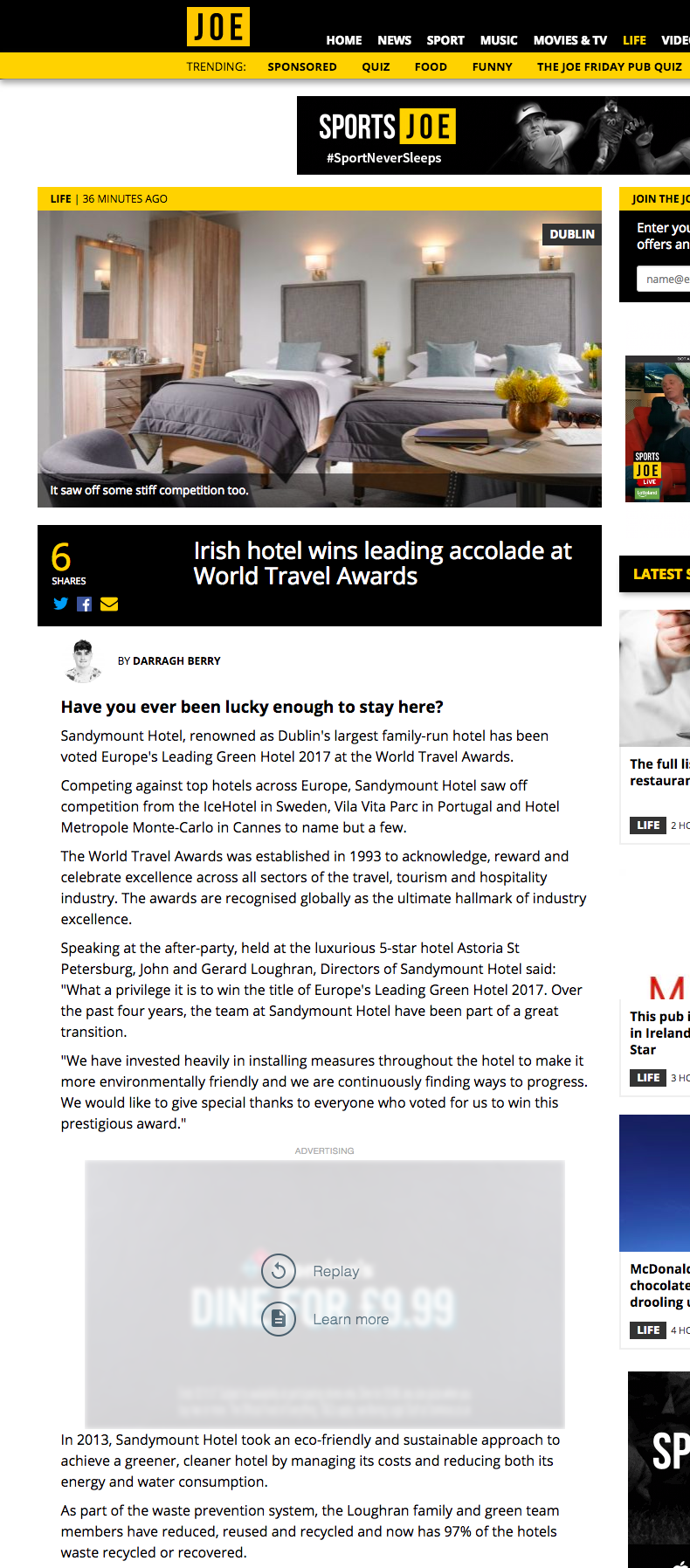 Irish hotel wins leading accolade at World Travel Awards