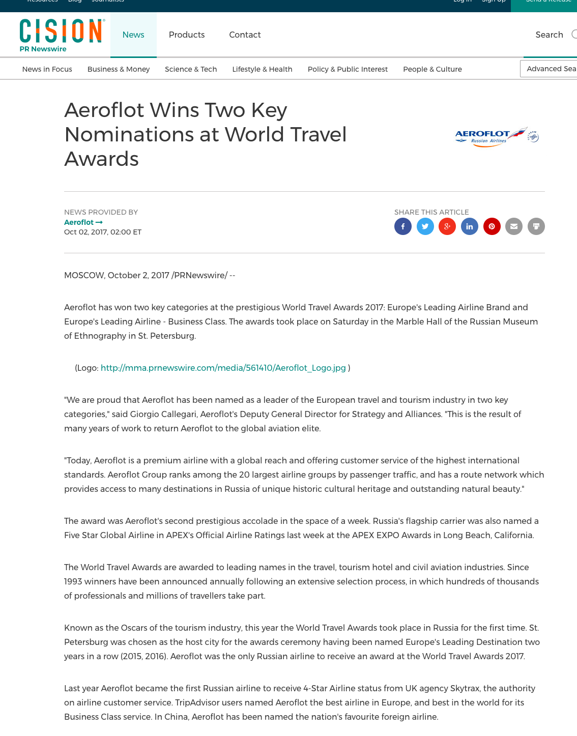 Aeroflot Wins Two Key Nominations at World Travel Awards