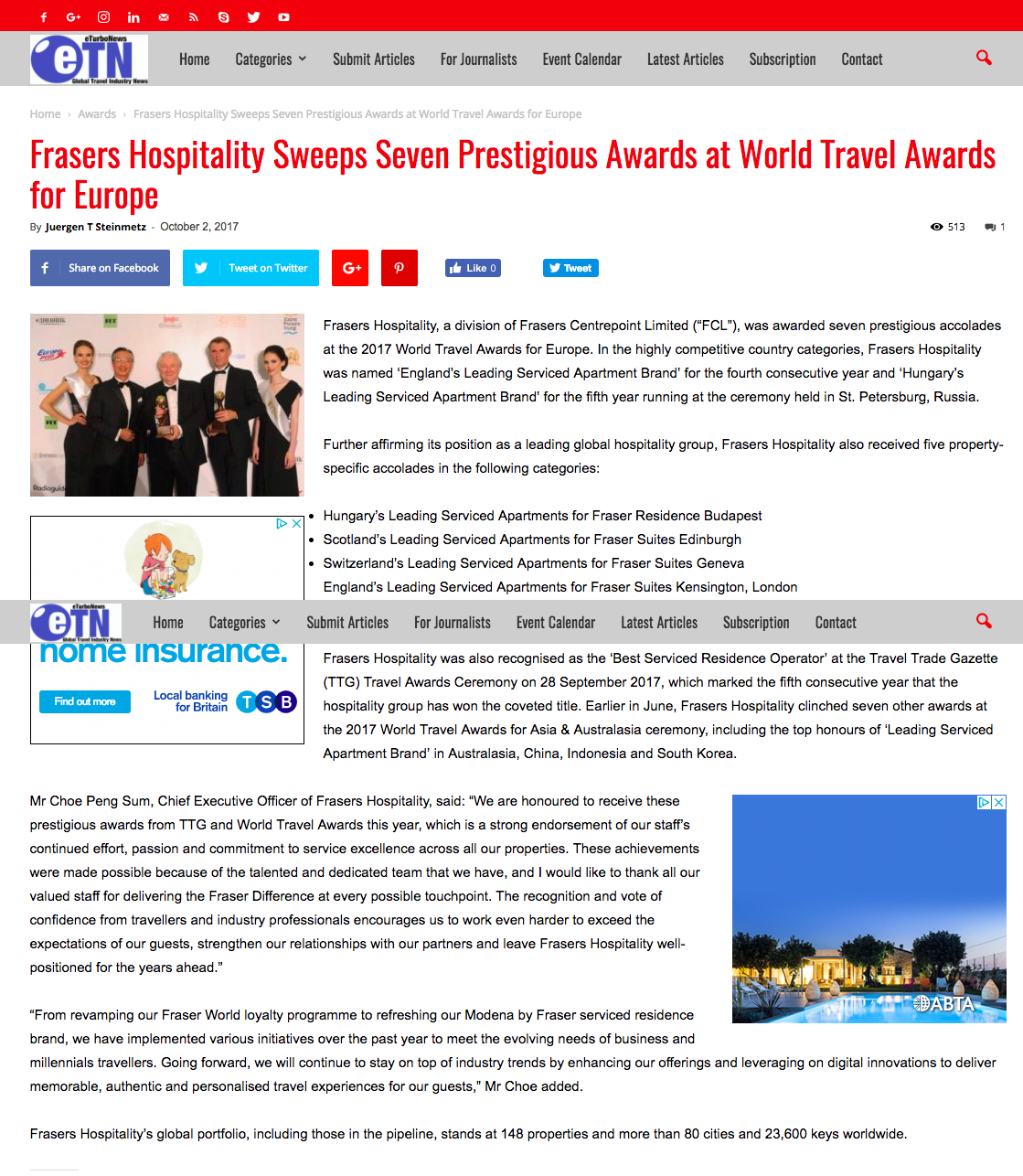 Frasers Hospitality Sweeps Seven Prestigious Awards at World Travel Awards for Europe