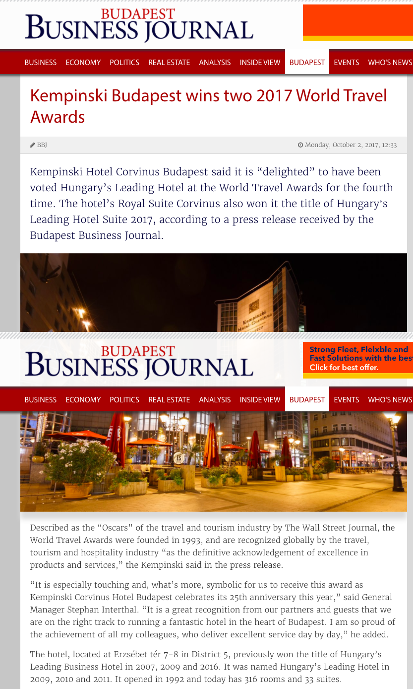 Kempinski Budapest wins two 2017 World Travel Awards