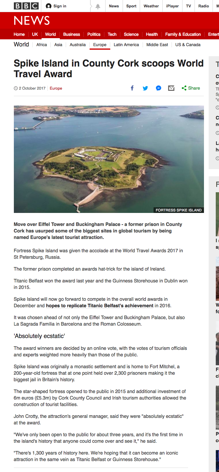 Spike Island in County Cork scoops World Travel Award