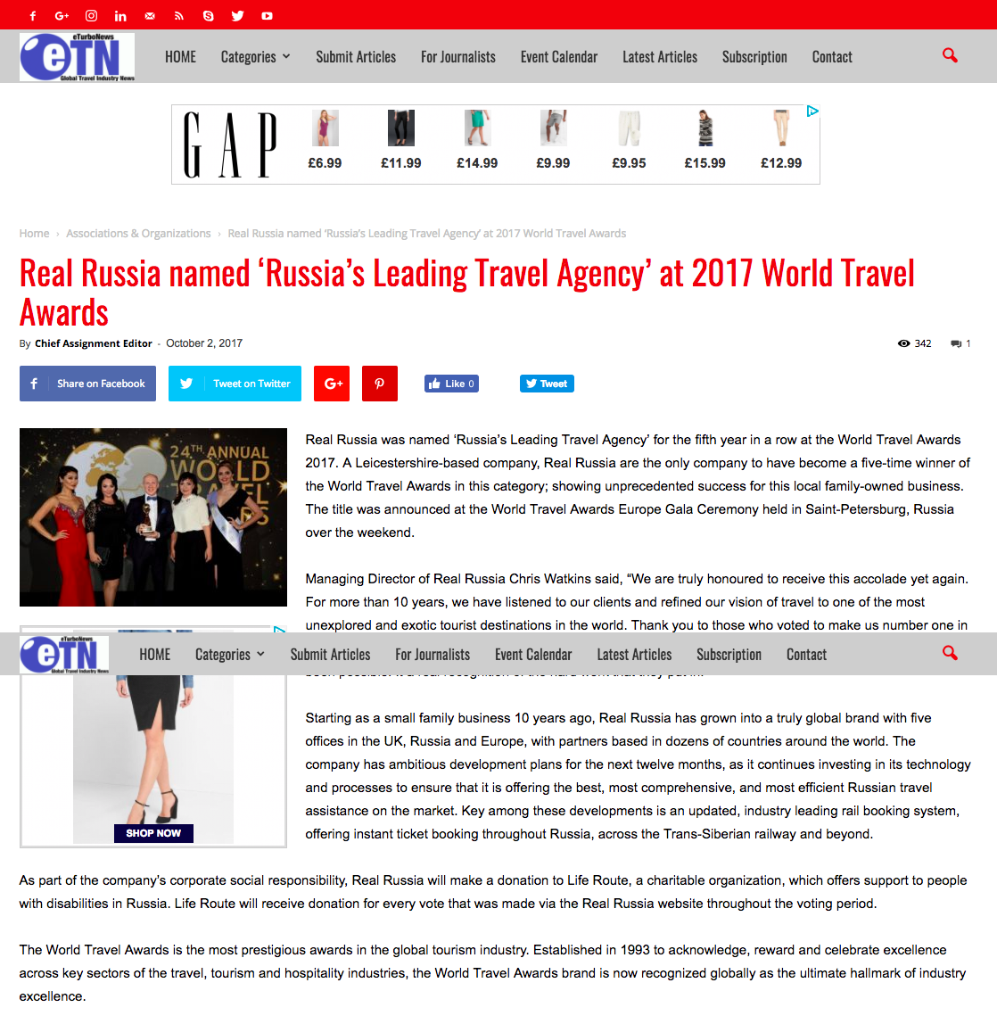 Real Russia named ‘Russia’s Leading Travel Agency’ at 2017 World Travel Awards