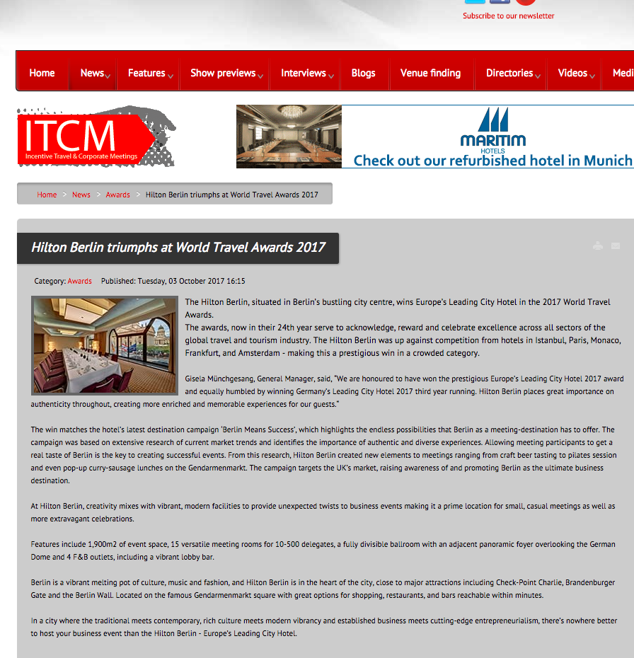 Hilton Berlin triumphs at World Travel Awards 2017