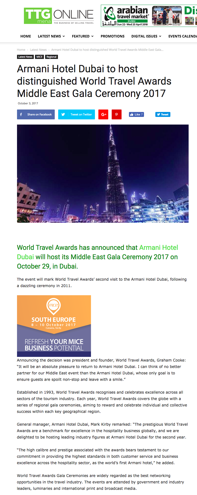 Armani Hotel Dubai to host distinguished World Travel Awards Middle East Gala Ceremony 2017