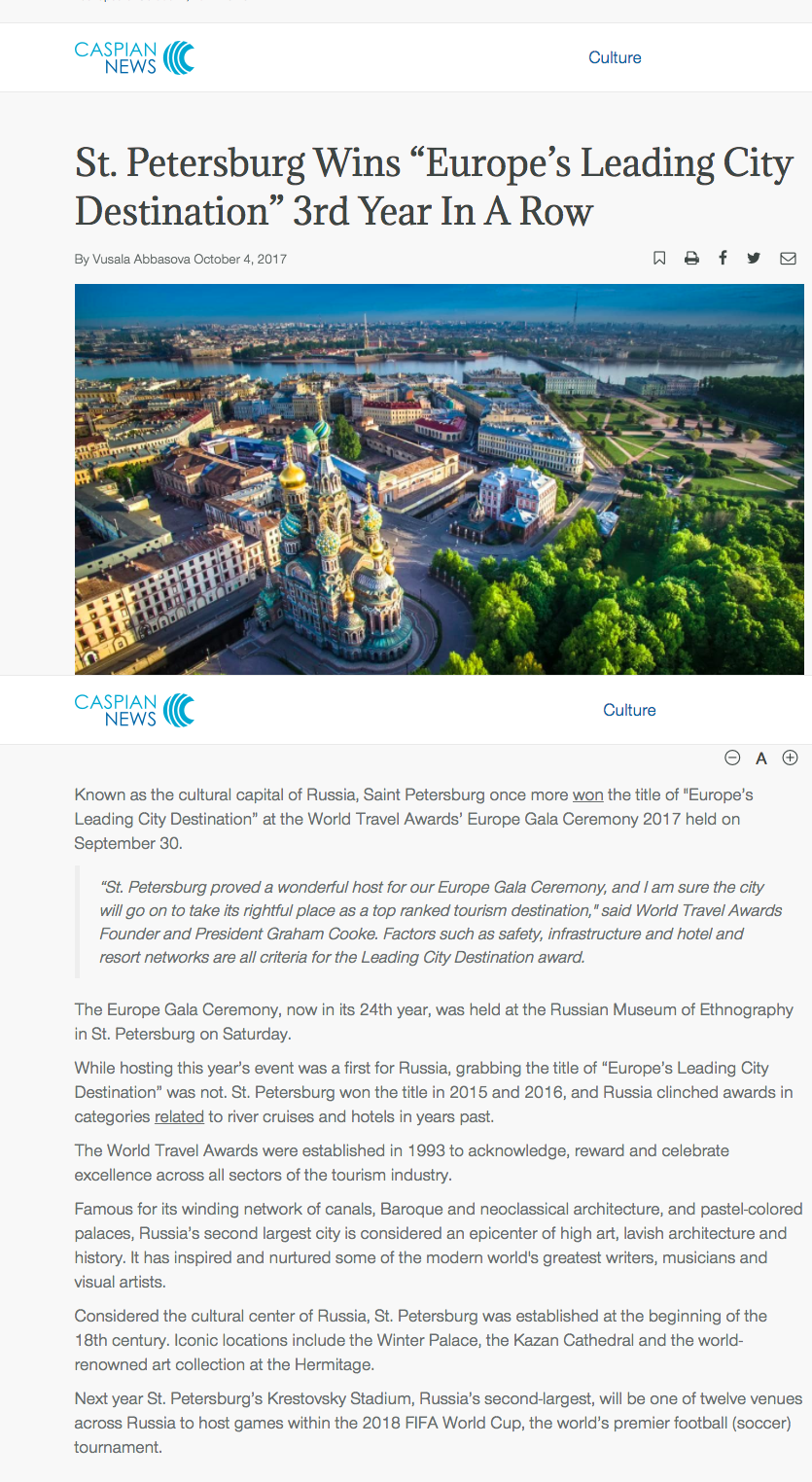 St. Petersburg Wins “Europe’s Leading City Destination” 3rd Year In A Row