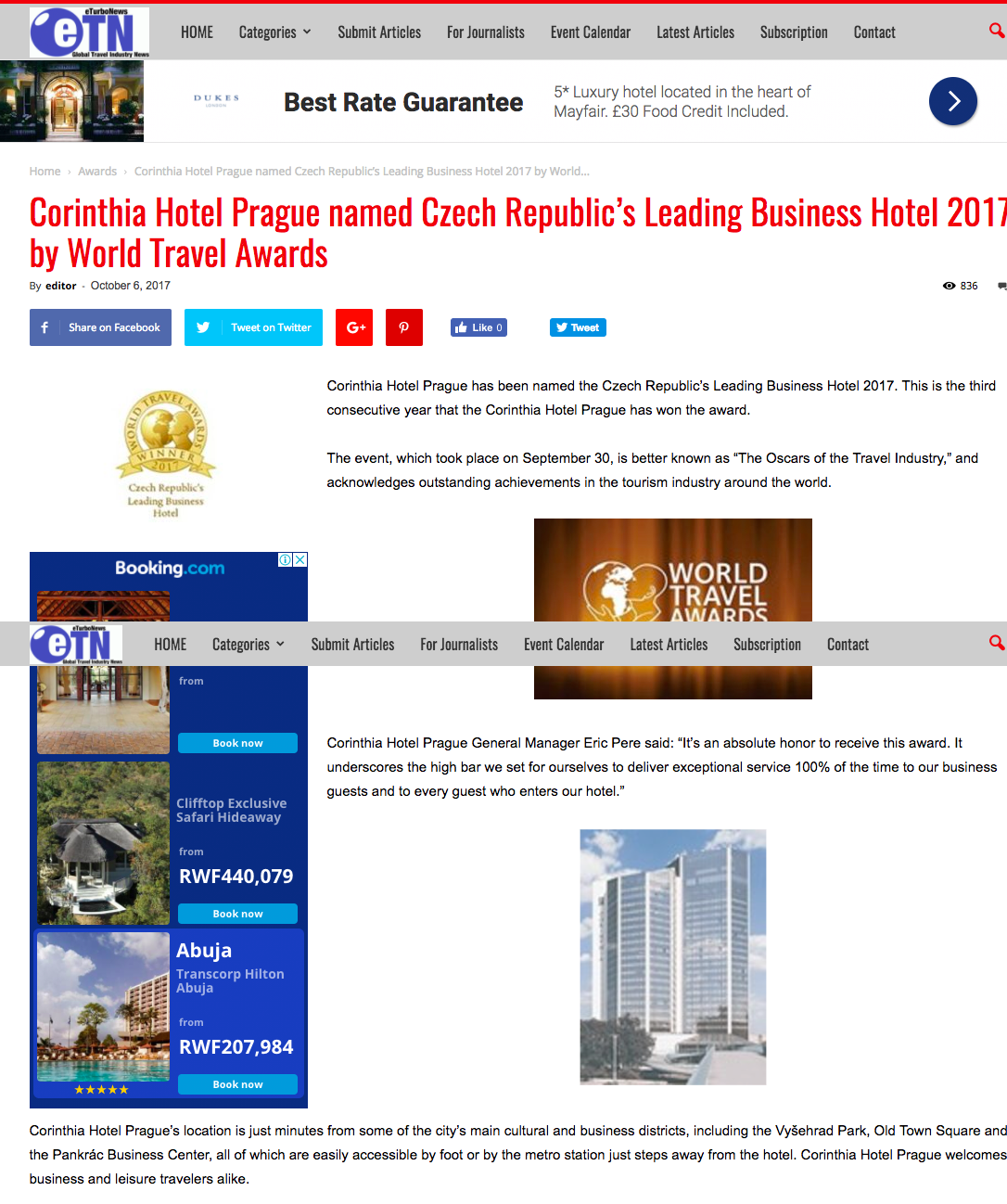 Corinthia Hotel Prague named Czech Republic’s Leading Business Hotel 2017 by World Travel Awards