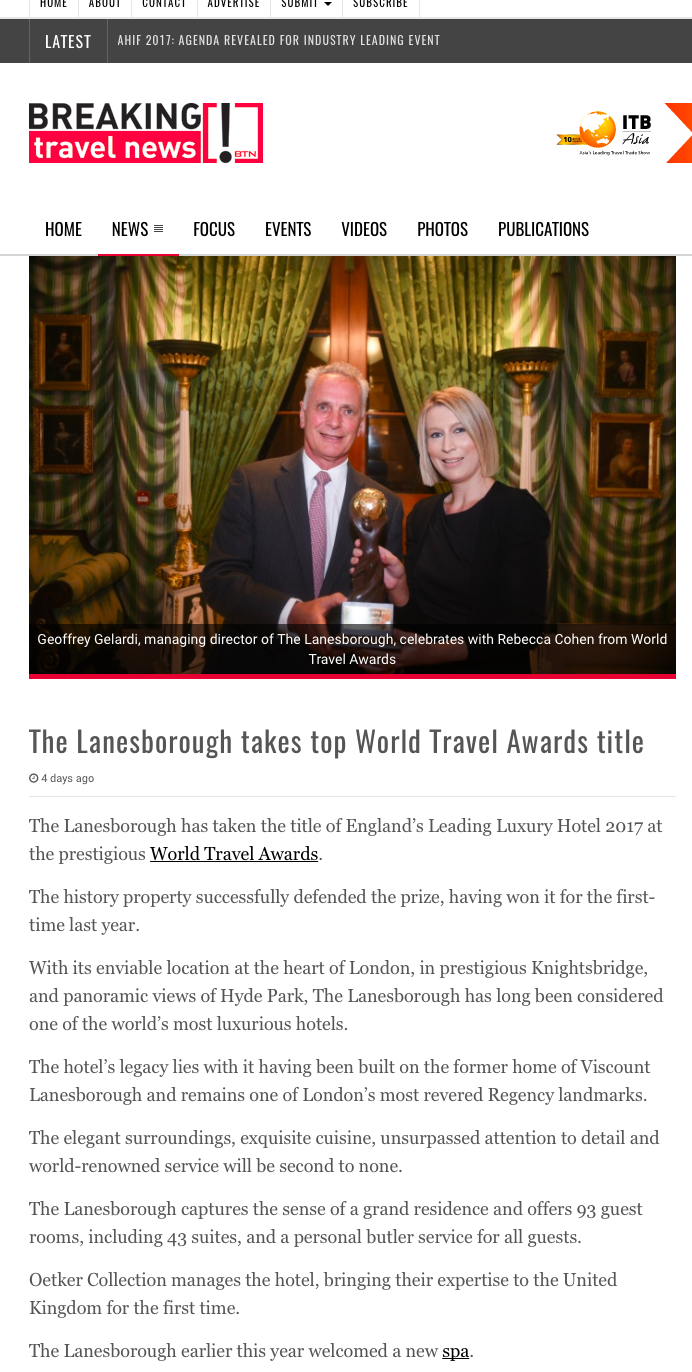 The Lanesborough takes top World Travel Awards title
